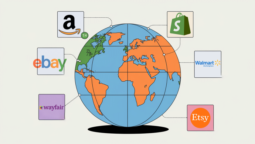 A globe with e-commerce platform icons and location pins, representing nexus and multi-platform selling.