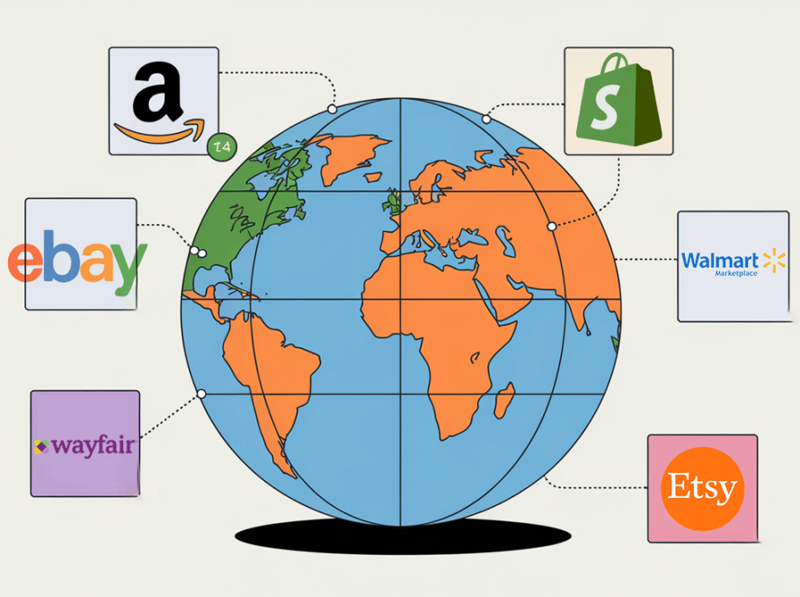 A globe with e-commerce platform icons and location pins, representing nexus and multi-platform selling.