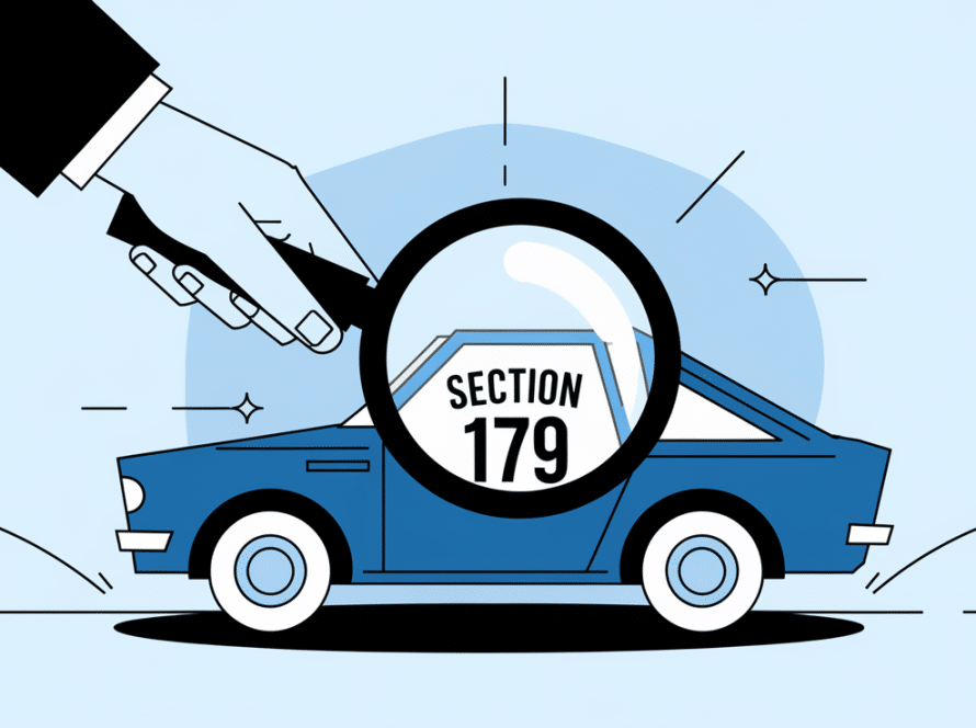 Line art graphic of a hand holding a magnifying glass over a car with "Section 179" inside