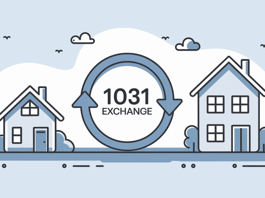 Line art of two houses connected by an arrow with the text "1031 Exchange."