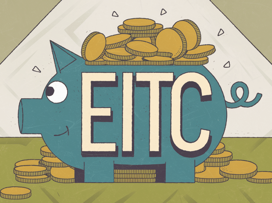 A blue piggy bank overflowing with gold coins, labeled "EITC."