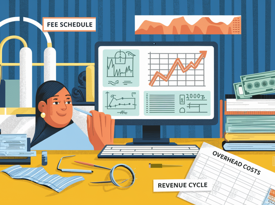 A collage illustration combining various textures and images to represent the complexities of running a profitable dental practice.