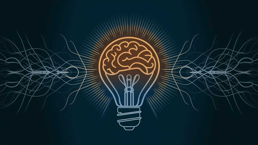 A glowing light bulb with a brain-shaped filament against a network of lines.