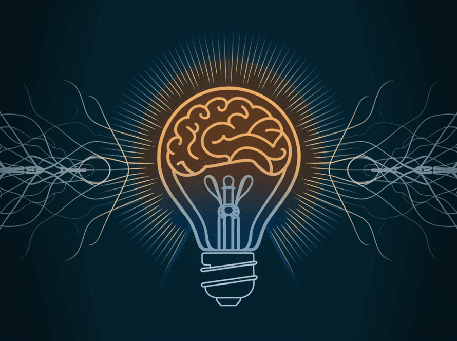 A glowing light bulb with a brain-shaped filament against a network of lines.
