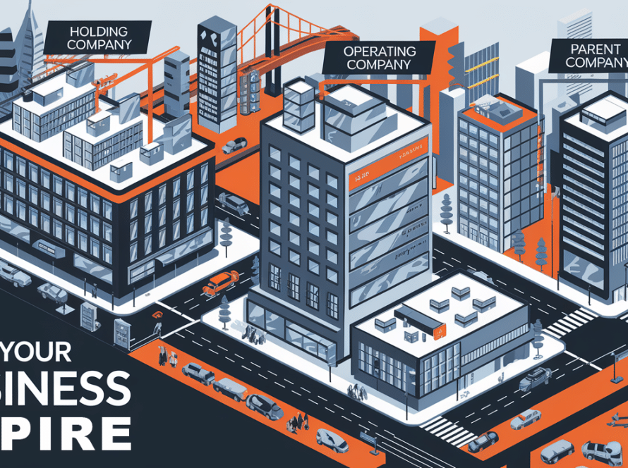 A stylized cityscape with different buildings representing various business entities.
