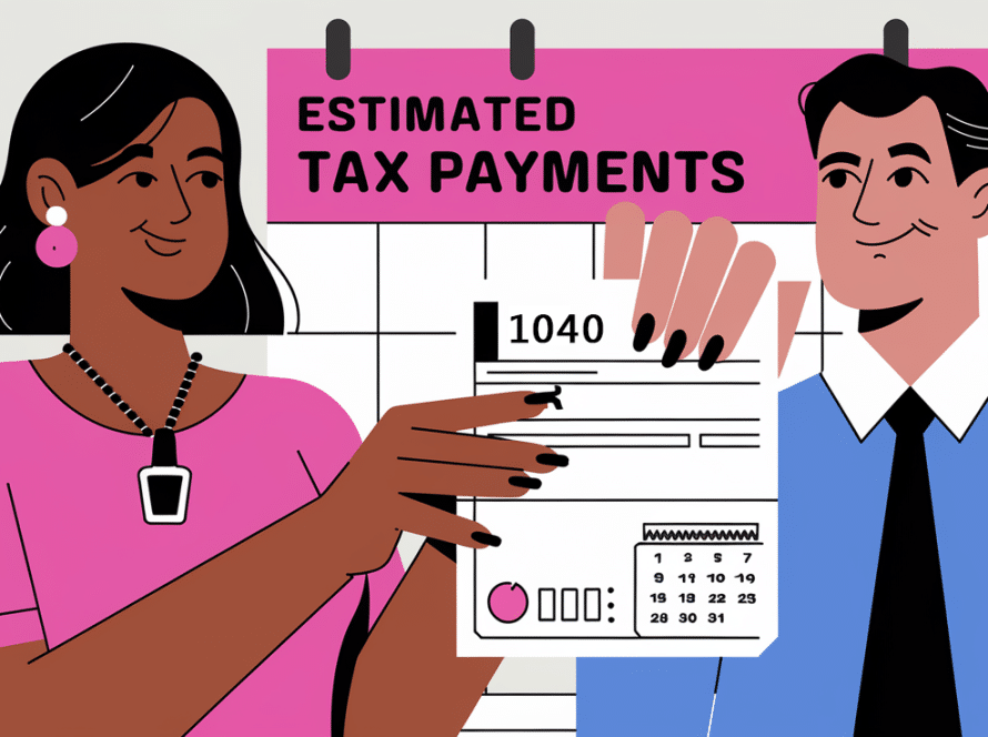 Advertising illustration of a nail salon owner submitting a tax form.