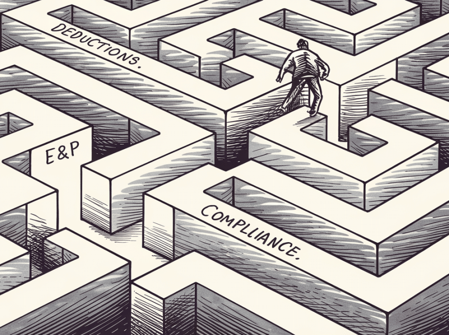 An ink illustration of a maze with pathways representing different aspects of C-Corp taxation, such as "Deductions," "E&P," "Dividends," and "Compliance."