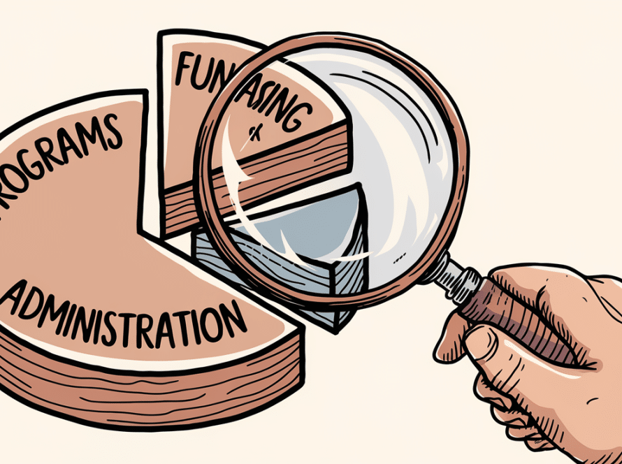 A hand-drawn magnifying glass inspecting a pie chart representing fund allocation in a nonprofit, symbolizing the importance of transparency and accountability.