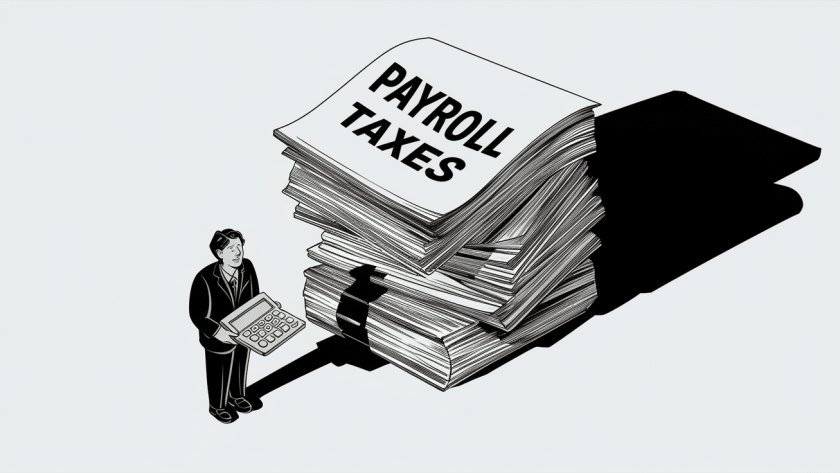 A block illustration showing a person overwhelmed by a large stack of paperwork labeled "Payroll Taxes."