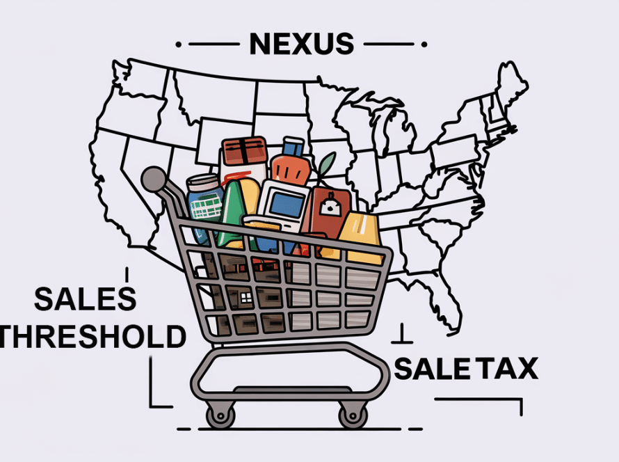 Line art shopping cart and US map with different colored sections.