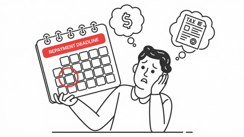A calendar with a circled repayment deadline and a worried person.