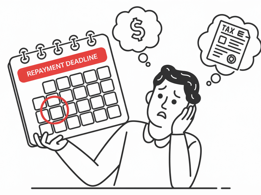 A calendar with a circled repayment deadline and a worried person.