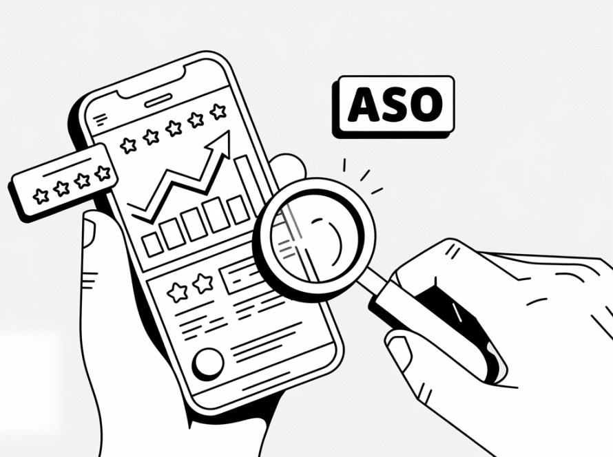 Line art of a hand holding a smartphone with an app store page and elements representing ASO