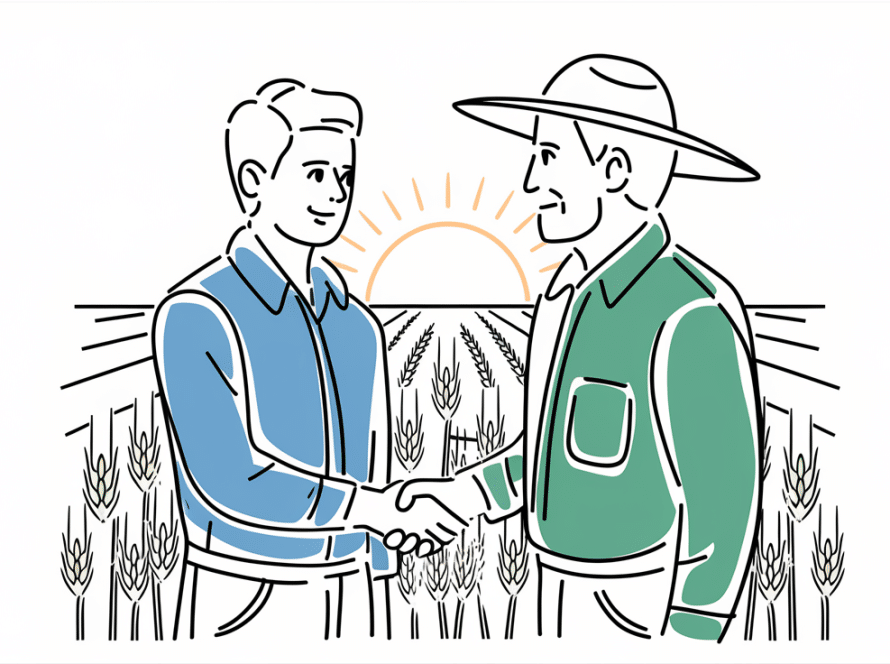 Line art drawing of two farmers shaking hands in a field.