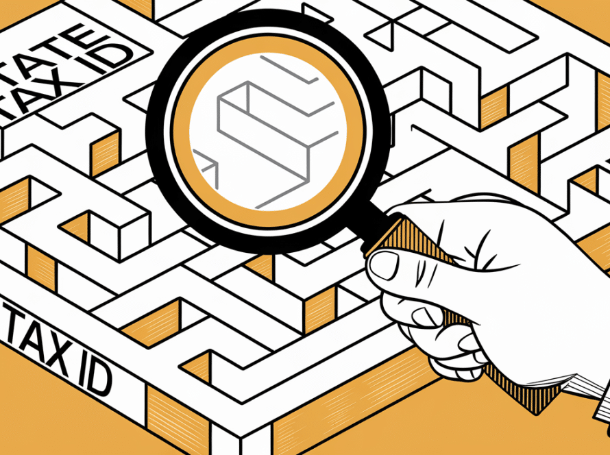A hand holding a magnifying glass over a maze with "State Tax ID" at the start and "EIN" at the end.
