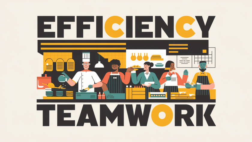 Block illustration of a busy restaurant with staff working efficiently.