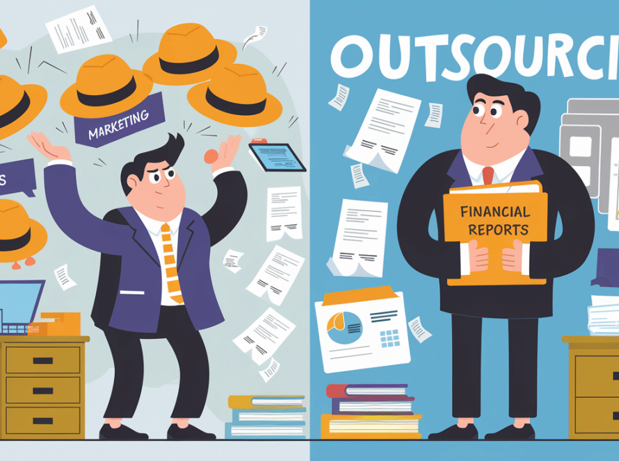 Block illustration of a stressed business owner contrasted with a calm accountant, representing the benefits of outsourcing accounting.