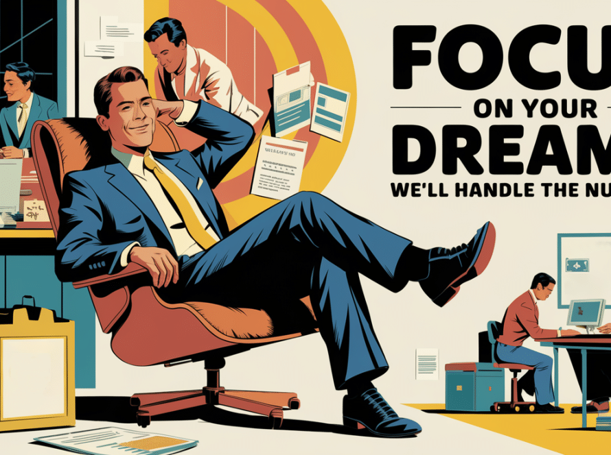 A vintage-style illustration of a relaxed business owner with accountants working in the background.