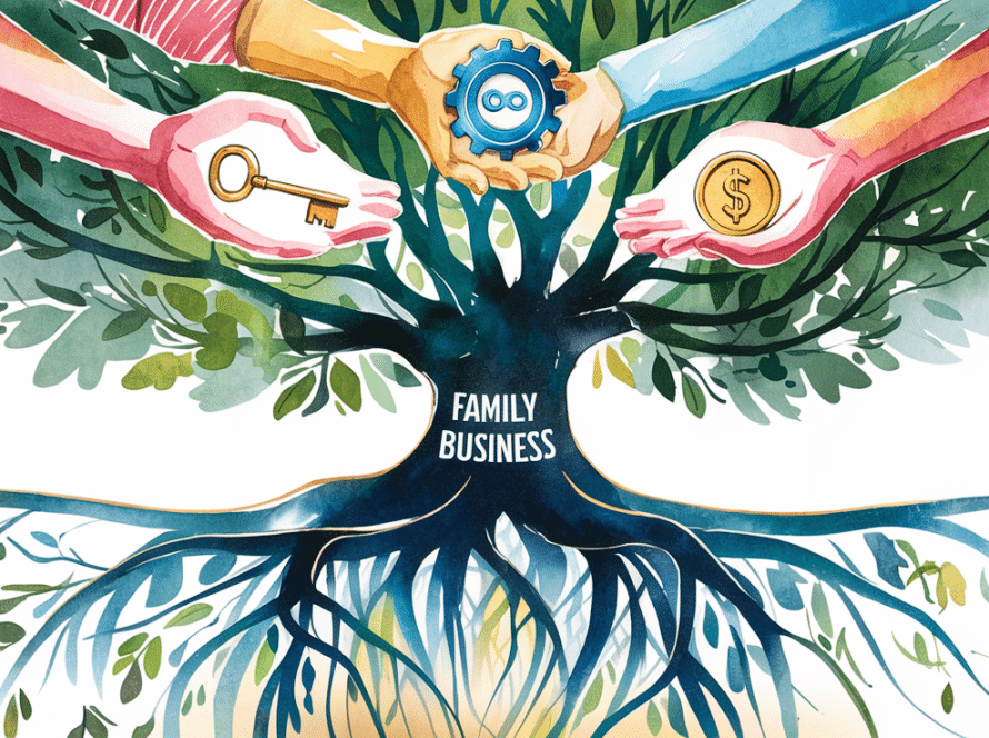 Watercolor illustration of a family tree with branches holding business symbols, representing the interconnectedness of family and business in succession planning.