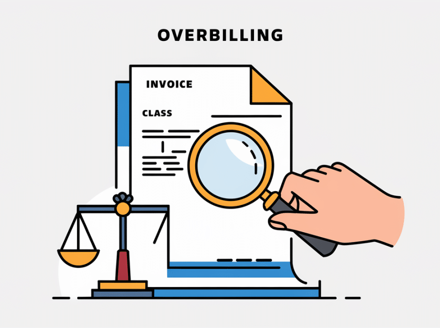 Line art of a magnifying glass inspecting an invoice with inflated numbers and an unbalanced scale, representing overbilling