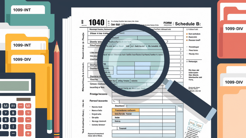 A stylized block illustration of Schedule B with a magnifying glass highlighting the "Foreign Accounts" section.