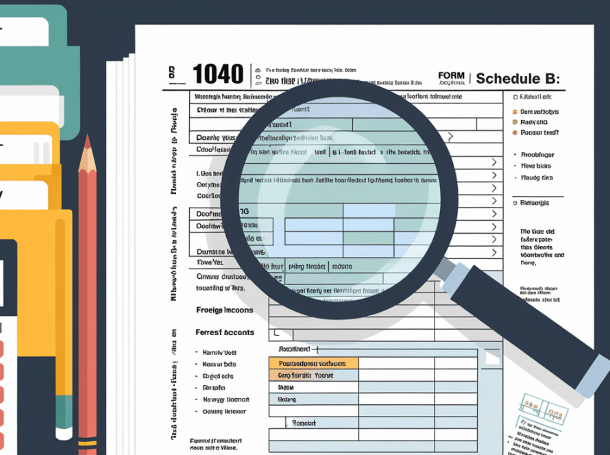 A stylized block illustration of Schedule B with a magnifying glass highlighting the "Foreign Accounts" section.