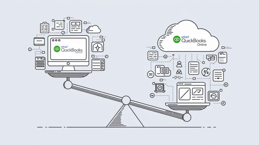 A balance scale comparing QuickBooks Desktop and Online, with the Online side slightly heavier.