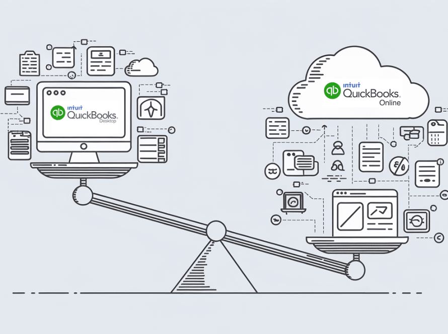 A balance scale comparing QuickBooks Desktop and Online, with the Online side slightly heavier.