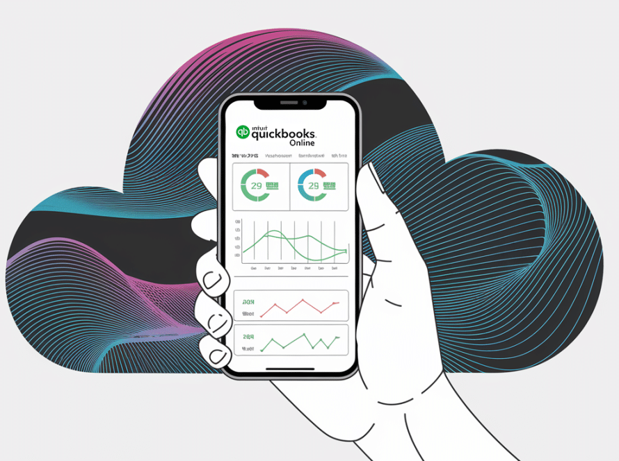Line art of a hand holding a phone with QuickBooks Online dashboard.