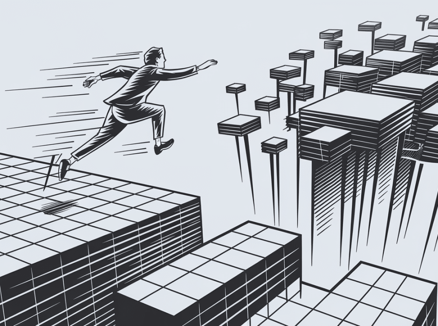 Line art of a person leaping from a structured grid towards freeform platforms