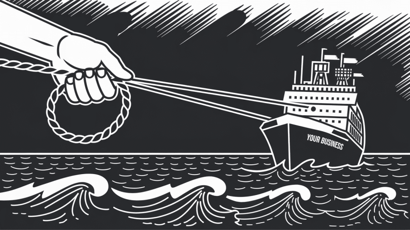 Line art of a hand holding a lifeline to a sinking ship.