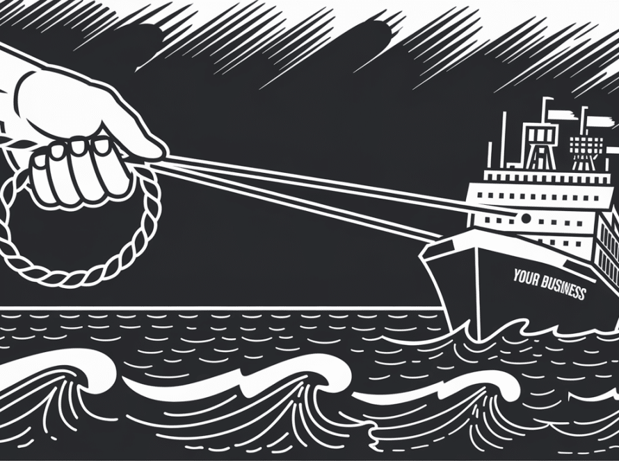 Line art of a hand holding a lifeline to a sinking ship.