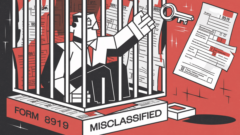 A worker trapped in a cage of tax forms reaching for a key labeled "Form 8919.