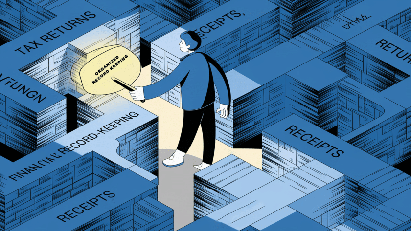 A person navigating a maze of documents using a key labeled "Organized Record-Keeping."