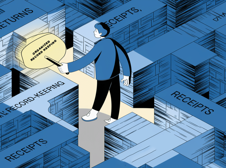 A person navigating a maze of documents using a key labeled "Organized Record-Keeping."