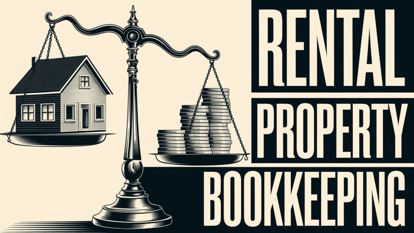 A vintage illustration of a scale balancing a house and coins, with the text "Rental Property Bookkeeping."