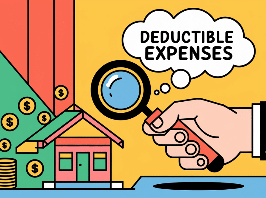 A landlord examines a rental property with a magnifying glass, symbolizing tax scrutiny.
