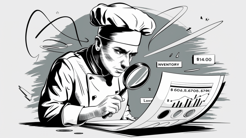 A chef carefully examines a balance sheet report.