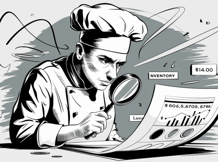 A chef carefully examines a balance sheet report.