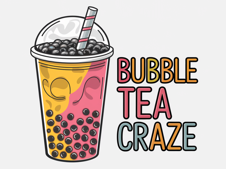 Vector line art drawing of a bubble tea cup with tapioca pearls.