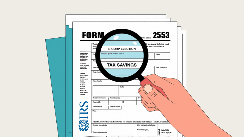A hand holding a magnifying glass over a stylized Form 2553.