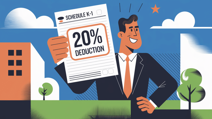 Business owner holding "Schedule K-1" with "20% QBI Deduction" highlighted.