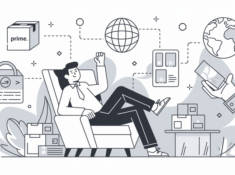 Line art of a relaxed person surrounded by icons representing Amazon FBA benefits.
