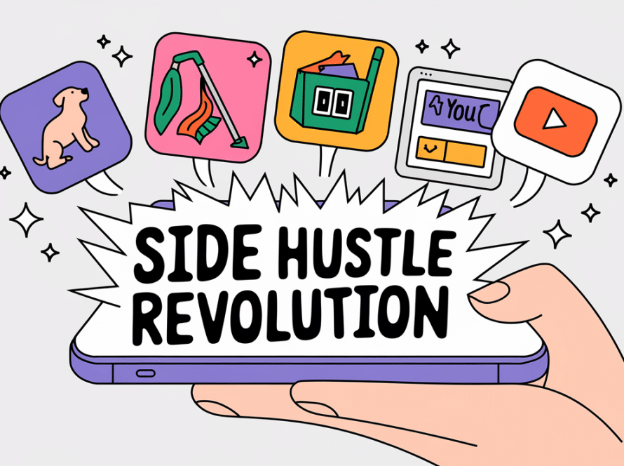 Line art drawing of a hand holding a smartphone with side hustle app icons.