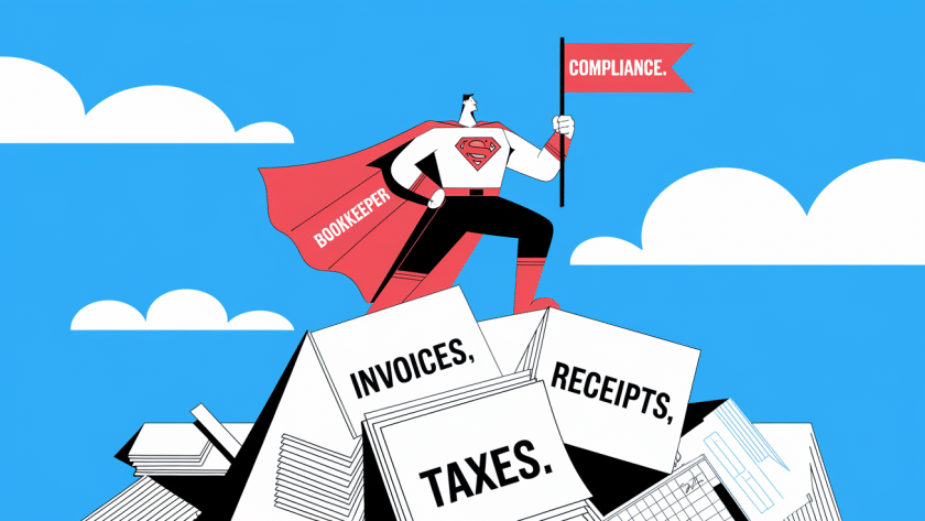 A superhero labeled "Bookkeeper" standing on a mountain of paperwork.