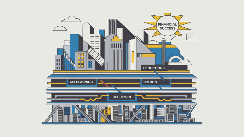 A stylized city skyline representing various tax planning strategies.