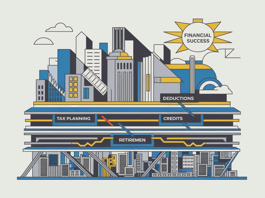 A stylized city skyline representing various tax planning strategies.