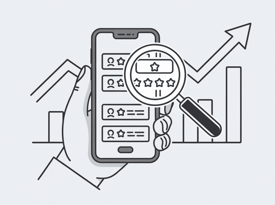 Line art of a hand holding a phone with positive reviews, and a rising line graph.