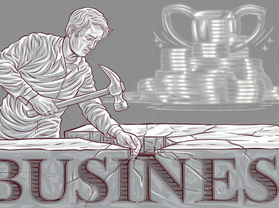 Line art drawing of a person repairing a foundation labeled "BUSINESS" while a shiny object floats in the background.