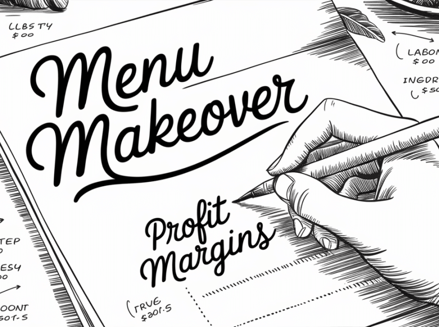 Ink illustration of a hand writing a restaurant menu surrounded by detailed drawings of ingredients and their costs, emphasizing the connection between menu planning and COGS.